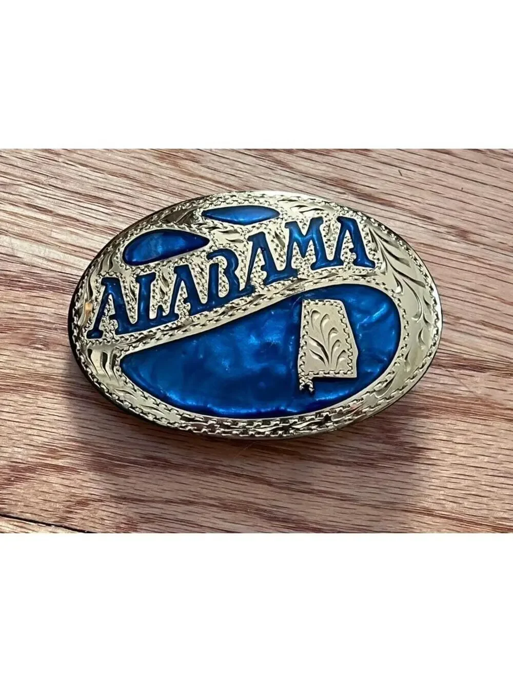 Vintage Award Design Metals Alabama Belt Buckle, Gold Tone Blue Inlay, USA Made